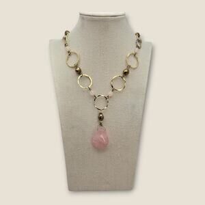 Rose Pink Quartz Teardrop Gold Hammered Link Boho Statement Necklace